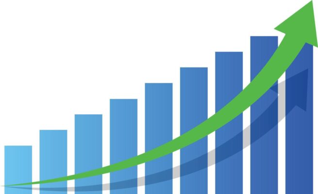 bar graph growth and up arrow vector